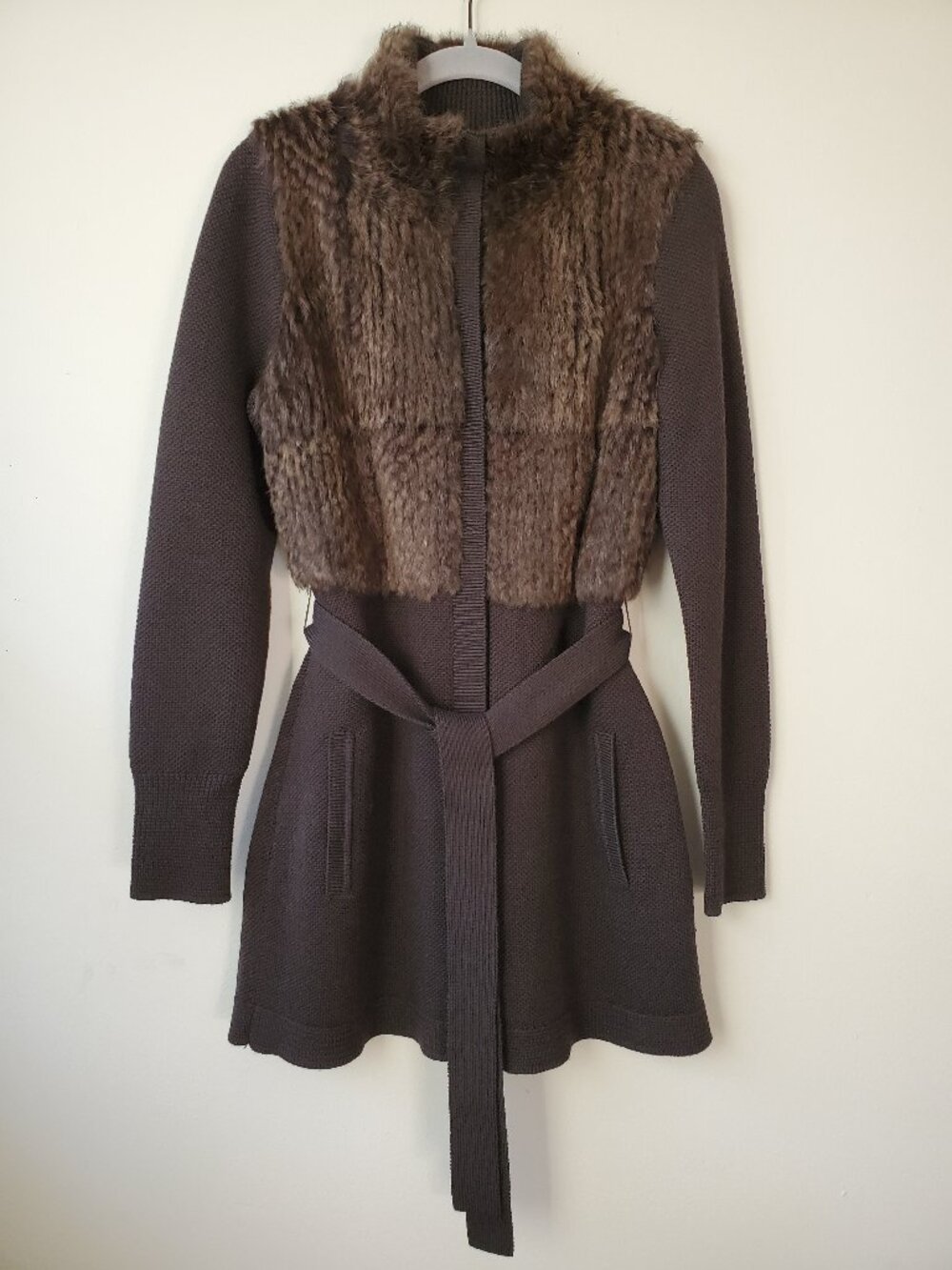 NEW Elie Tahari Brown Merino Wool Cardigan Rabbit Fur Sweater S